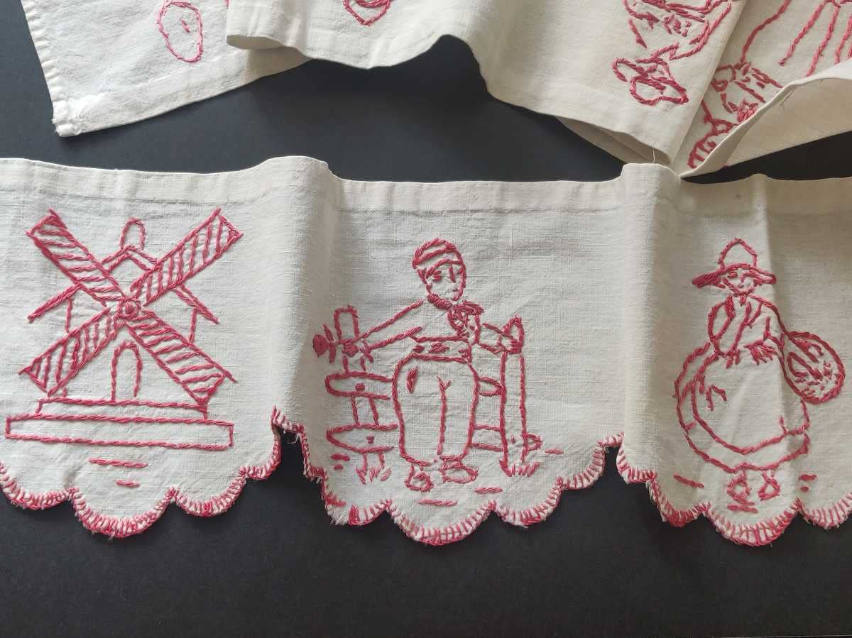 アンティーク フランス 草色リネン 赤い実/草花のシルク刺繍 リング付き巾着 アンティーク フランス 草色リネン 赤い実/草花のシルク刺繍 リング